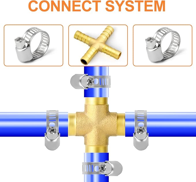 GASHER 5PCS 3/8" Brass Hose Barb, 4-Way Hose Fitting with 20 Hose Clamp Intersection/Lquid/Fuel/Air