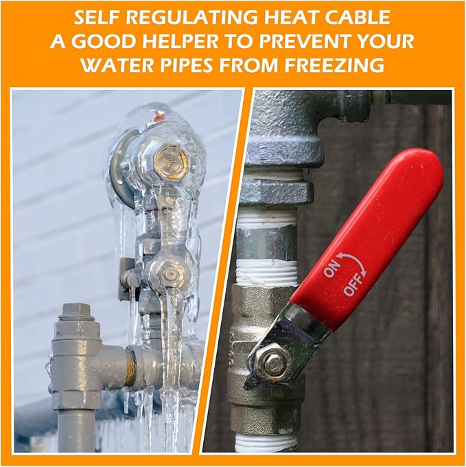 Kingdder 6FT - 48FT Heat Tape for Water Pipes Thermostat Self Regulating Heating Cable with Power Indicator Plug Built-in, Heavy Duty Heating Cable for Pipe Freeze Protection, 120V 8W/ft(1 Pcs,36 Ft)