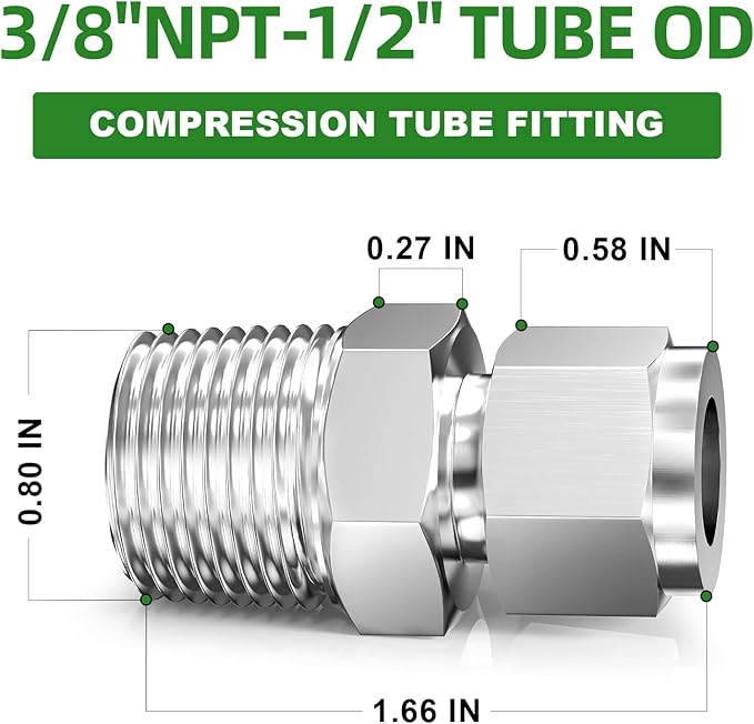 TAISHER 2PCS 304 Stainless Steel Compression Tube Pipe Fitting Connector, 3/8" Tube OD x 1/2" NPT Male Straight Adapter