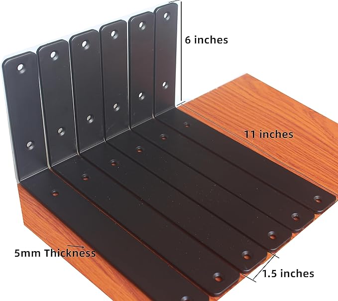 6 Pack - L 11" x H 6" x W1.5, 5mm Thick Black L Shelf Bracket, Iron Shelf Brackets, Metal Shelf Brackets, Floating Shelf, Shelf Supports with Screws