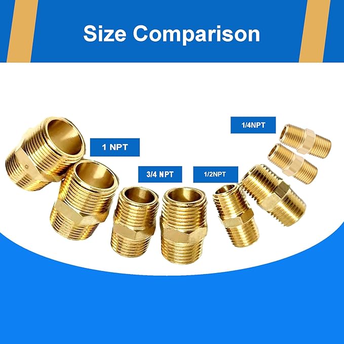4PCS Hex Nipple 1/4"NPT x 1/4" NPT Male Solid Brass Pipe Fitting, 1/4 inch Brass nipple Male Threaded Pipe Adapter Fittings Equal Nipples Connectors Couplings