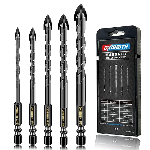 5 Pcs Masonry Concrete Drill Bit Set for Tile Brick Glass Plastic Wood, Tungsten Carbide Tip, Hex Shank, Work with Ceramic Porcelain Tile Wall Mirror Paver 3/16" 1/4" 5/16" 3/8" 1/2" Drill Bit Set