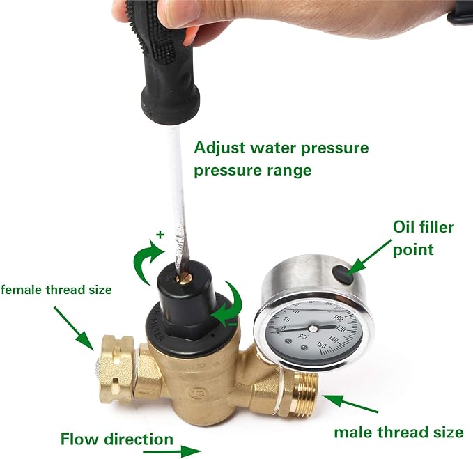 U.S. Solid 3/4" GHT RV Water Pressure Regulator, Adjustable Lead-Free Brass Water Regulator Valve with Gauge & Filter for RV, Camper & Garden Hose
