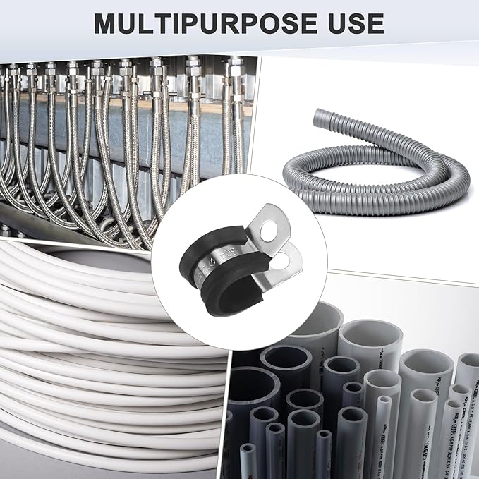 25-Pack Cable Clamps, 15/32 inch/ 12 mm 304 Stainless Steel Rubber Cushioned Insulated Cable Clamp R Shape Metal Holder for Tube/Wire/Pipe/Loop Installation