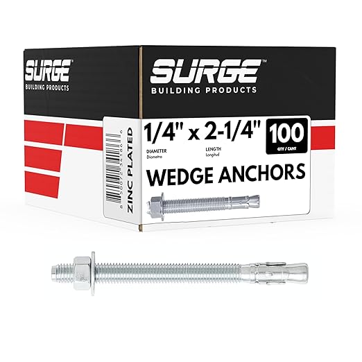 1/4" x 2-1/4" Zinc-Plated Wedge Anchors for Concrete and Cement | Heavy-Duty 1/4 Concrete Anchors (Box of 100)