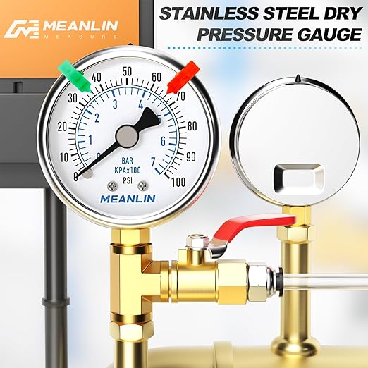 MEANLIN MEASURE 0~100Psi Dry Pressure Gauge Stainless Steel 1/4" NPT 2" FACE DIAL Waterproof for Well Pump Water Tire Water Pressure Tester Lower Mount (with 2PCS Snaps)