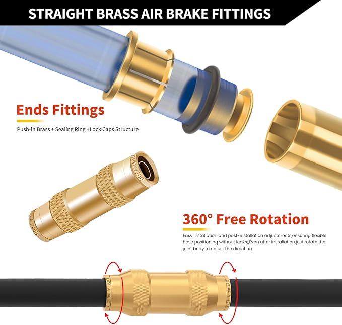 3/8" Brass Push to Connect Fittings Straight Union Dot Approved Air Brake Quick Connect Fittings Air Line Fittings Air Suspension Kit for Truck Trailers and Air Brake System 2Pcs