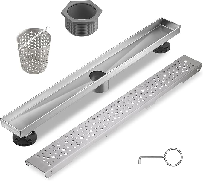 Linear Shower Drain 24 Inch, Bubbles Shower Drain SUS-304 Stainless Steel, 51L/Min Fast Drainage Floor Linear Drain, US Standard CUPC Certified, Brushed Silver, SD-099