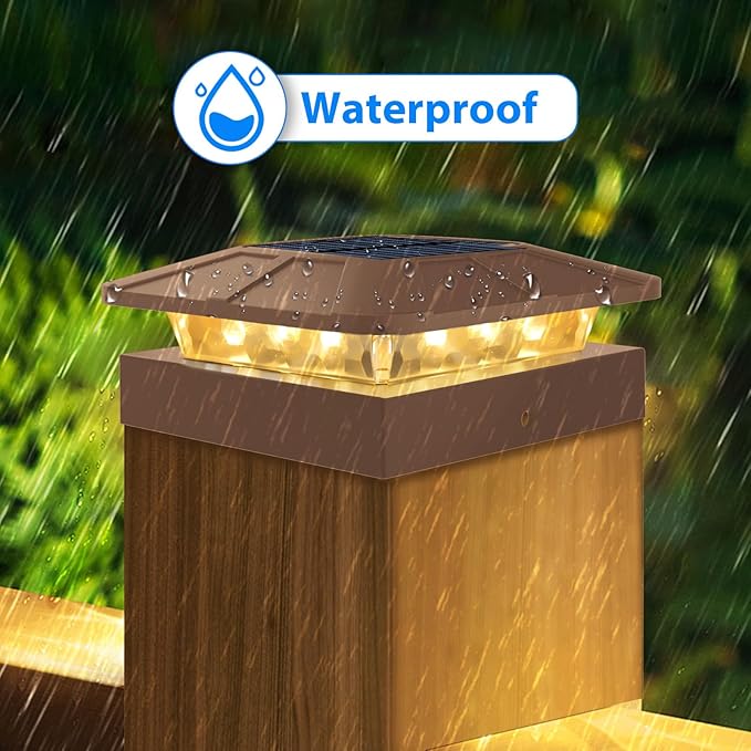Peasur 4x4 Solar Post Cap Lights Outdoor with 3 Modes, 2 Packs Brown Fence Light Solar Powered Waterproof for 4x4 3.5x3.5 Wood/Vinyl Posts for Deck Yard Garden Patio Outside