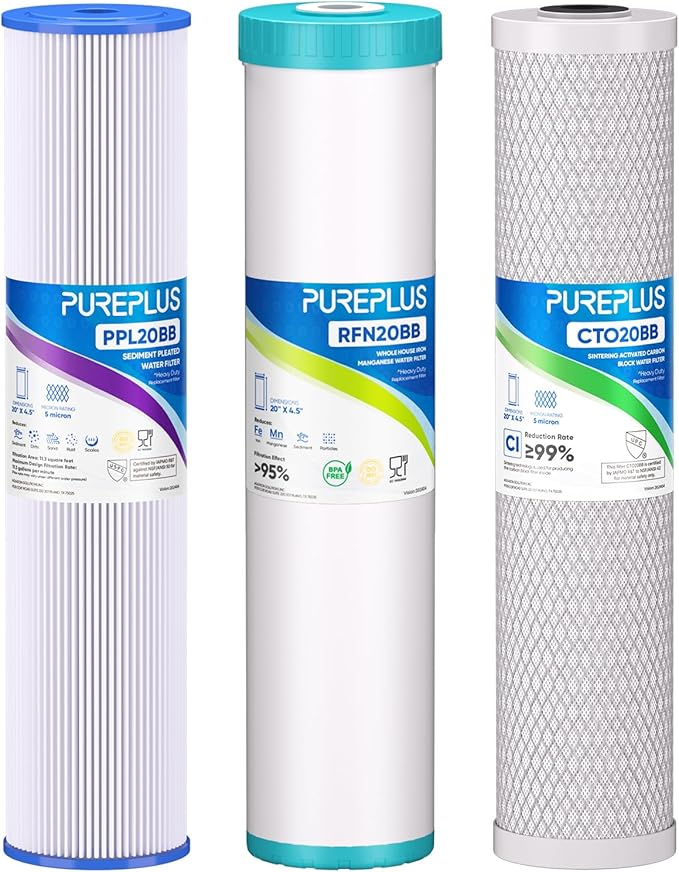 PUREPLUS 4.5"x 20" 3-Stage Whole House Water Filter Cartridge Combo Kit with Pleated Sediment, Iron & Manganese Reduce, and Activated Carbon Block Filter - 5 Micron Water Filtration Replacement Kit