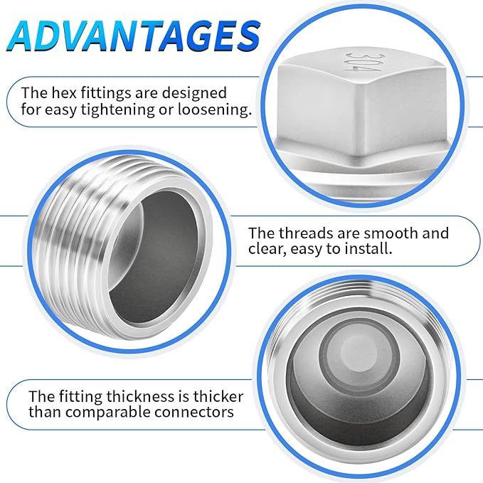 ChillWaves 304 Stainless Steel Pipe Fitting, Outer Square Head Socket Pipe Plug Fitting，1/2" NPT Male，Thread Adapter(6-PACK)
