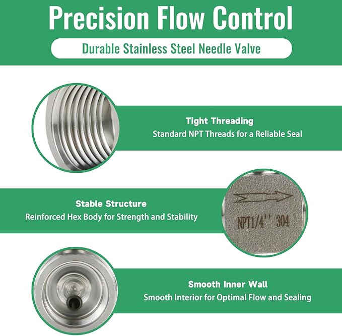 Angry Pony Stainless Steel 304 MNPT 1/4 × FNPT 1/4 female Straight Needle Valve, High Pressure Hydraulic Flow Control Valve for Water Oil Gas Systems, 900 PSI