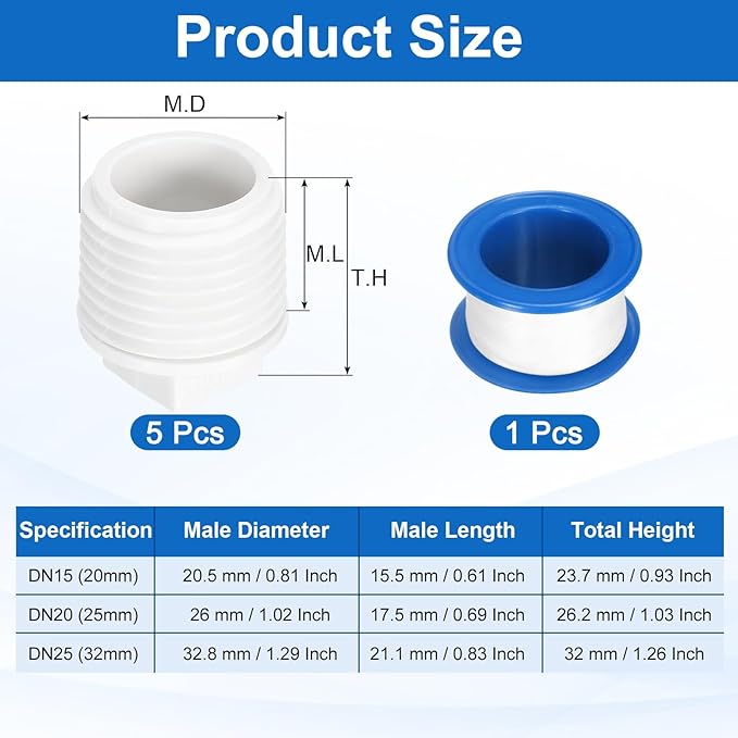 uxcell 10Pcs 1/2 Inch PT Male Thread PVC Pipe Fitting Plug, Cleanout Plugs, Water Drain End Caps Coupling Adapter with Tape for Water Heater Supply Lines, Plumbing, White