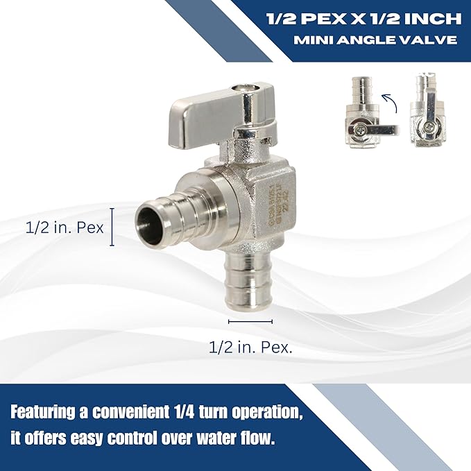 XFITTING Barb Crimp 1/2 Inch Pex Mini Angle Ball Valve, Full Port, 1/4 Turn, Brass, 24-1-2=5X, 5 Pieces