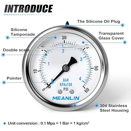 MEANLIN MEASURE 0~60Psi Stainless Steel 1/4" NPT 2.5" FACE DIAL,Liquid Filled Pressure Gauge,Pool Sand Filter Pressure Test Back Mount(Pack of 2) with 1/4" x 1/2" NPT and 1/4" x 3/8" NPT Hex Bushing
