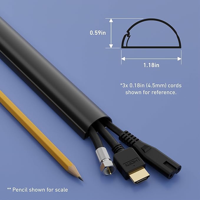 D-Line 13.12ft Cord Hider Kit, Patented Cable Cover, Hide Wires on Wall, Channel for TV Mount Cords, Raceway Wire Hiders, Paintable, Adhesive, Half Round, 4X 1.18in W x 0.59in H x 39in Lengths, Black