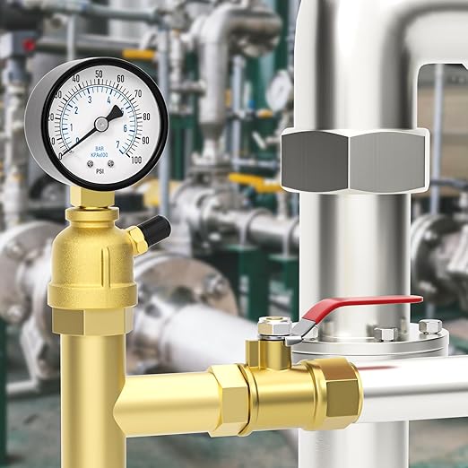 0-100PSI Air Test Pressure gauges, 2" Double Graduated Dial, 3/4" FNPT Forged Brass Bell Shape Body Assembly, 1/8" NPT Air Bleeding Valve, for Pressure Testing on Home Gas Line