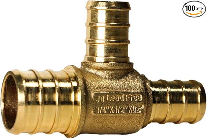 XFITTING 3/4 inch x 1/2 inch x 1/2 inch Pex Tee, Pex B Reducing Tee Crimp Version 25-1-4=100X, 100 Pieces