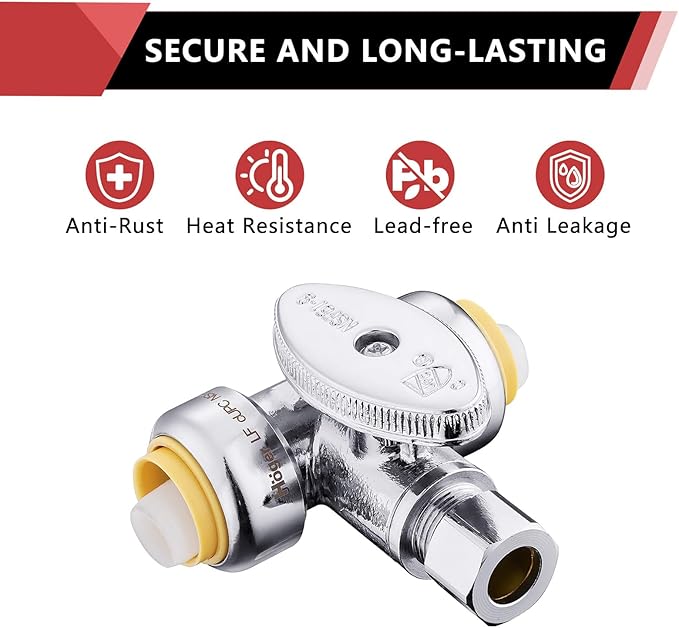 EFIELD Push Fit Tee Stop Valve 1/2" Push x 1/2" Push x 3/8" OD Compression, 1/4 Turn, Water Shut Off Valve Chrome with a Disconnect Clip,(PF-VALVE042)