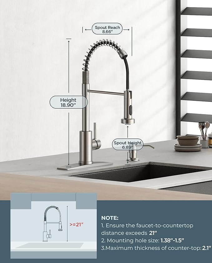 FORIOUS Kitchen Faucet with Soap Dispenser, Brushed Nickel Stainless Steel Spring Sink Faucet with Pull Down Sprayer Transitional Single Handle for Pot Filler, Farmhouse Camper Bar Laundry Room