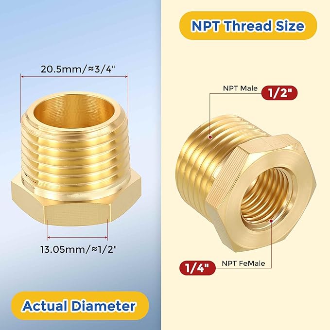 4 Packs Brass Pipe Fittings, 1/2" Male NPT to 1/4" FeMale NPT Brass Hex Bushing Reducer, Hose Tube Threaded Adapter for Air, Oil, LP