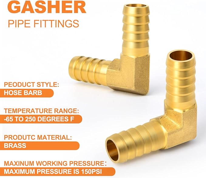 GASHER 2 Pieces Brass Hose Barb Reducer, 5/8 Inch to 5/8 Inch Barb Hose ID 90 Degree L Right Angle Elbow with 4 Hose Clamps, Brass Barb Reducer SPLICER Fitting Fuel/AIR/Water/Oil/Gas/WOG