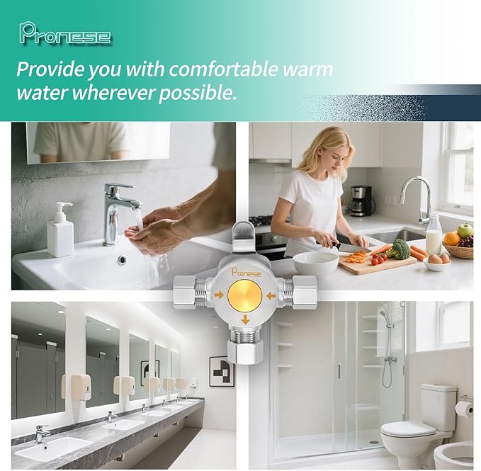 4 PCS Below Deck Mixing Valve,3/8" Compression LF Brass Body,Thermostatic mixing valve for hot and cold water,Compression Sleeve and Nuts Included.