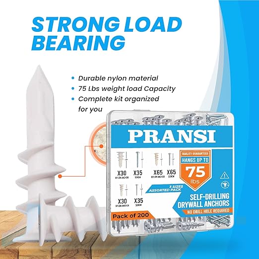 Drywall Anchors and Screws Kit – 200pcs- 3 Sizes Self Drilling Anchors – No Pre-Drill Required – Heavy Duty Wall Anchors for Drywall – Holds Up to 75lbs, 13x32mm,15x33mm,13x42mm