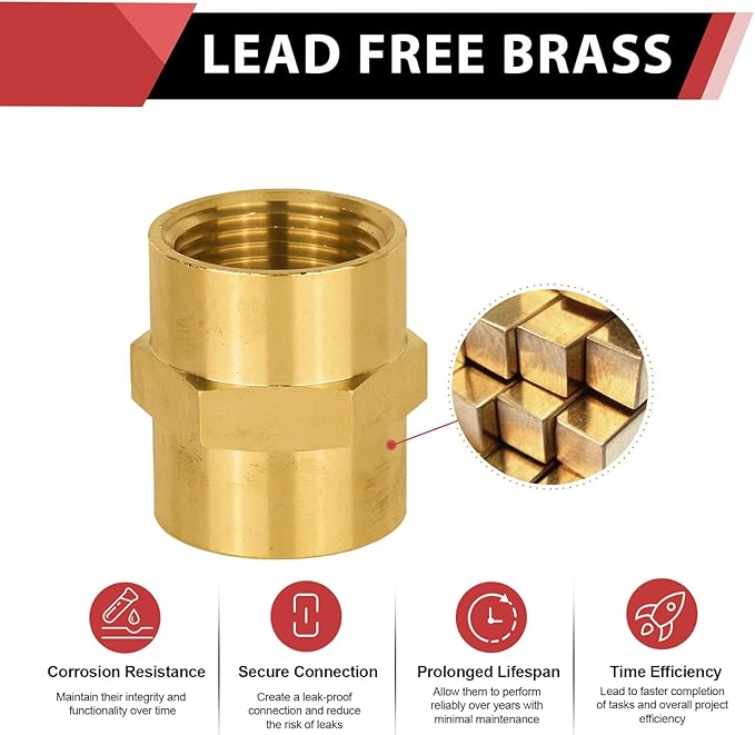 (Pack of 5) EFIELD 1/2" x 1/2" Female NPT Coupling, Soild Brass Hex Nipple Brass Pipe Fittings,(NPT074)