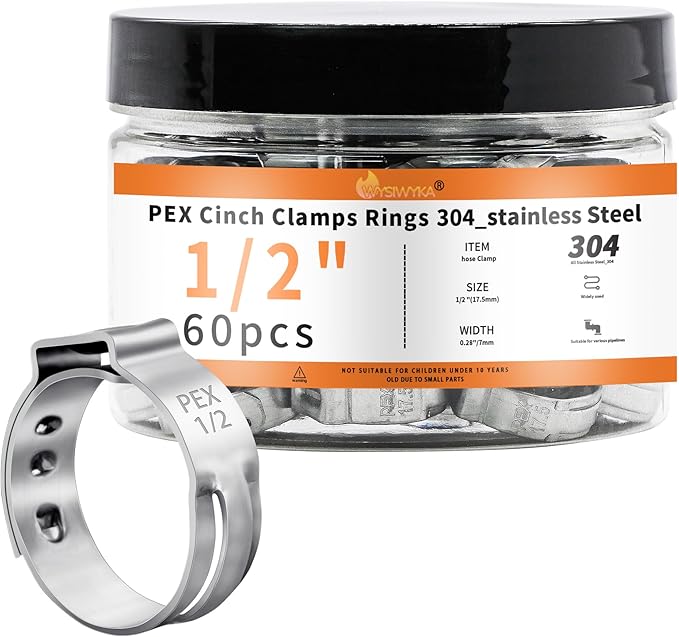 60pcs 1/2 inch PEX Cinch Clamps Rings, 304 Stainless Steel Single Ear Hose Clamps, Pex Crimp Rings for PEX Tubing Pipe Fitting Connections