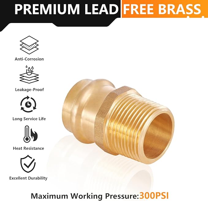 10-Pack HeSun Copper Press Fitting Adapter,1/2" Press X 1/2" Male NPT Adapter, LF Brass(PEX1807348)
