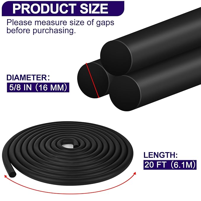 ToLanbbt Backer Rod EPDM Rubber 5/8" Diameter x 20' Length Caulk Saver Door Window Weather Stripping Seal for Concrete Filling Joints and Gaps (Black)
