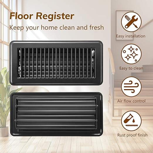 4Pcs Floor Vents Floor Registers 4x10 Inch, Heavy Duty Metal Hot Air Vent Covers 4x10 Inch with Rust-Proof Finish for Home Heater Floor Vent Grilles and Vents (4, Black, 4x10 Inches)