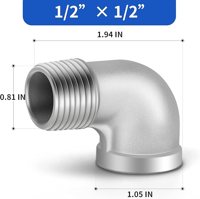 TAISHER 2PCS 304 Stainless Steel 90 Degree elbow,1/2 Inch NPT Male Pipe to 1/2 Inch NPT Female 304 Stainless Pipe Fitting