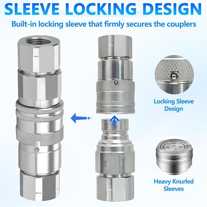 1/2’’ NPT Flat Face Hydraulic Quick Connect Couplers/Couplings with Dust Caps, The Universal Bobcat Flat Face Quick Connect Fittings with with 1/2’’ Body ISO 16028 Standard-2Set