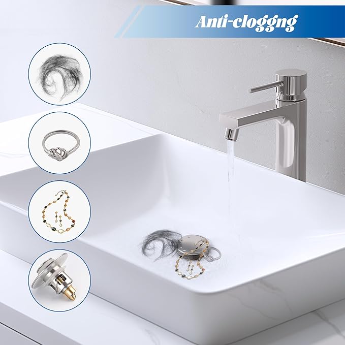 Hibbent 2 Pack All Metal Upgraded Bathroom Sink Stopper, Universal Pop Up Sink Drain Strainer, Brass Bullet Core Push Type Stopper for 1.1''~2.3''' Basin, Anti Clogging Drain Filter, Brushed Nickel