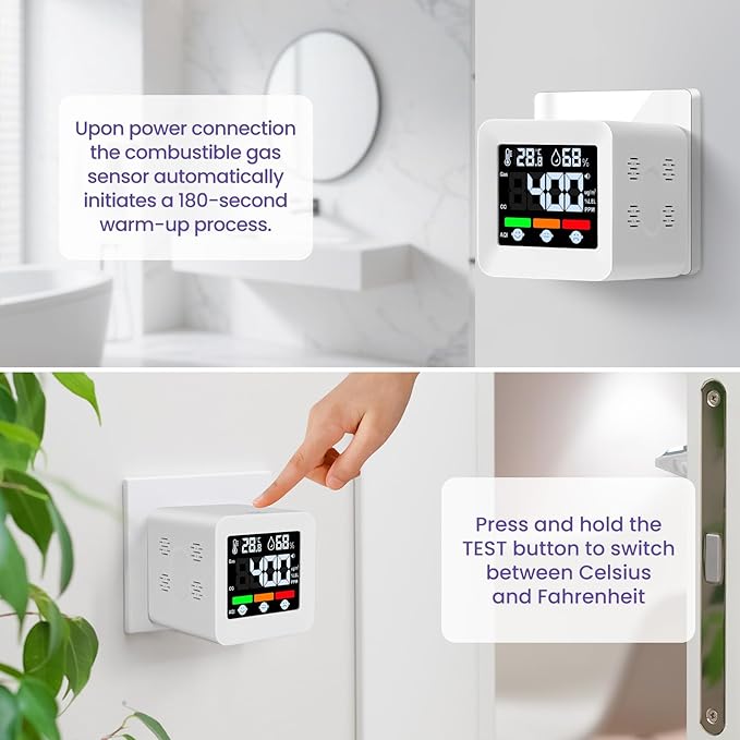 Plug-in 4-in-1 Gas & CO Detector with Temp/Humidity - Natural Gas, Propane & Methane Detector for Home, RV & Apartments (1, White-Voice Edition)