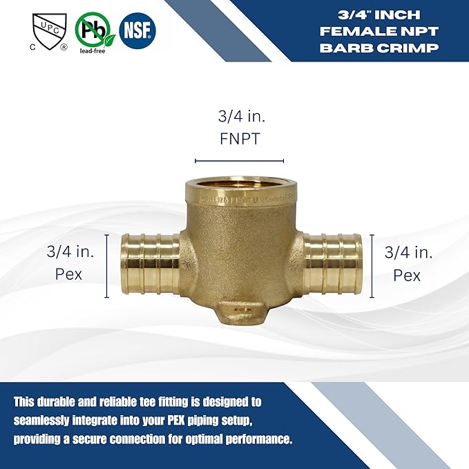XFITTING Barb Crimp Pex 3/4 inch x 3/4 inch x 3/4 inch Female NPT Tee, Pex Female NPT Tee, 26-2-6=5XX, 5 Pieces