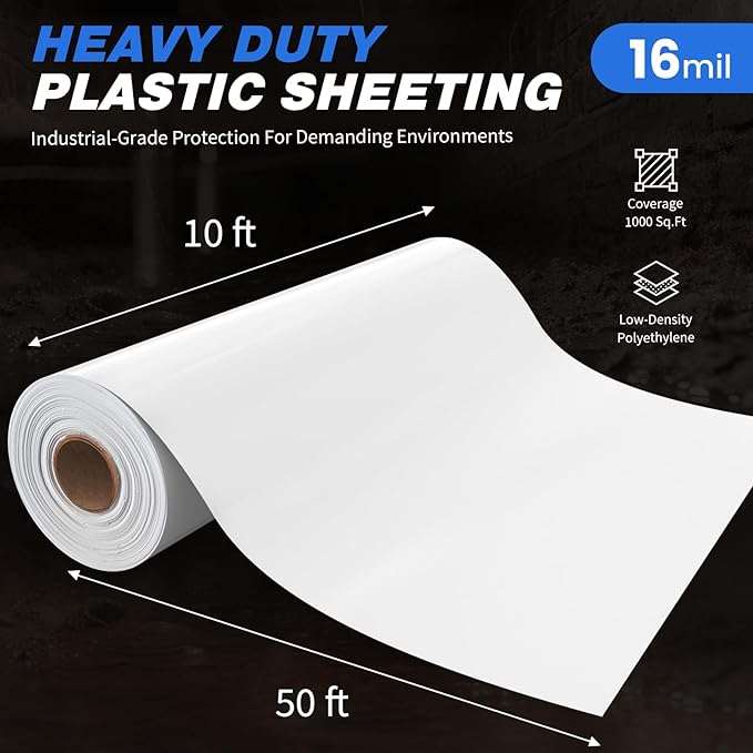 White Crawl Space Vapor Barrier, 16 Mil Vapor Barrier, 10' x 50', White Thick Plastic Sheeting, Heavy Duty Polyethylene Film, White Plastic Drop Cloth Covering for Crawlspace, Basement