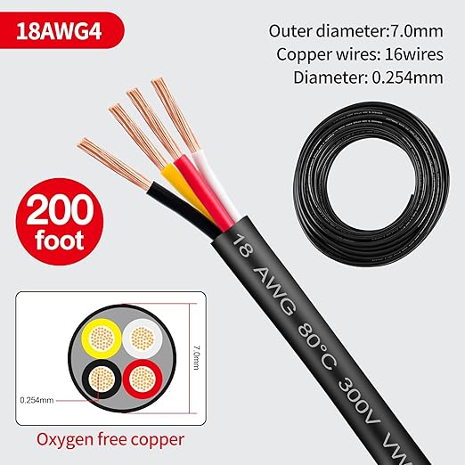 18 Gauge Wire 4 Conductor 18 AWG Electrical Wire Stranded PVC Cord Oxygen-Free Copper Cable 200FT 4 Core Pure Copper Flexible Cable Wire for LED Lamp Lighting Strips Automotive (18AWG-4C, 200FT)…