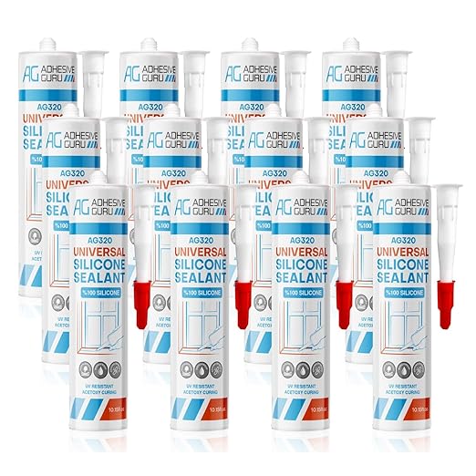 Adhesive Guru All Purpose Clear Silicone Sealant Waterproof (12 x 10.15 fl.oz.), 100% Silicone Caulk, Weatherproof & Flexible Adhesive Sealant for Indoor and Outdoor Use, Transparent -12 Pack