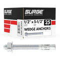 1/2" x 5-1/2" Zinc-Plated Wedge Anchors for Concrete and Cement | Heavy-Duty 1/2 Concrete Anchor Bolts (Box of 25)