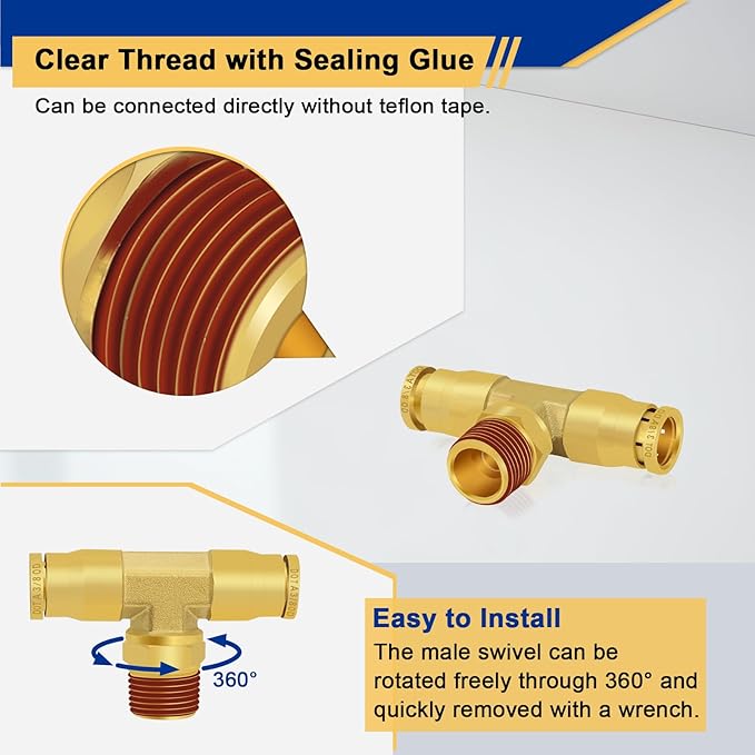 3/8" DOT Air Line Fittings Tee, 3PCS Brass Air Brake Fittings 3/8" Tube OD × 1/4" NPT × 3/8" Tube OD Push to Connect Tee Union to Male Pipe Swivel for Truck Trailers Air Brake System