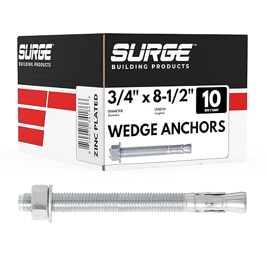 3/4" x 8-1/2" Zinc-Plated Wedge Anchors for Concrete and Cement | Heavy-Duty 3/4 Concrete Anchors (Box of 10)