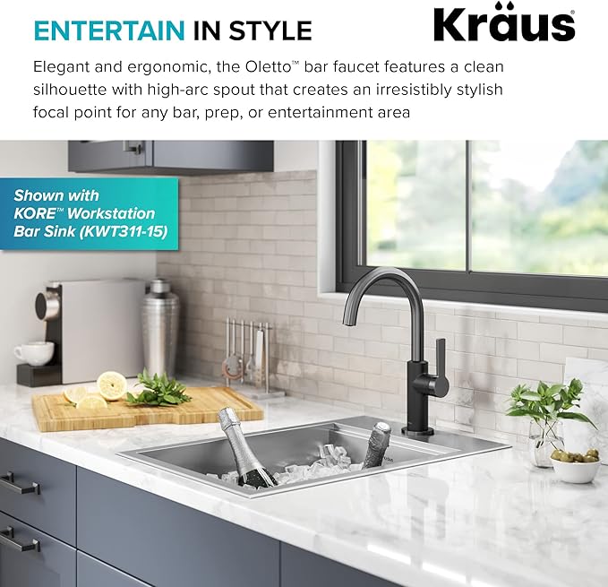 Kraus Oletto Single Handle Kitchen Bar Faucet in Matte Black/Spot Free Black Stainless Steel, Kitchen Sink Faucets, KPF-2822MBSFSB