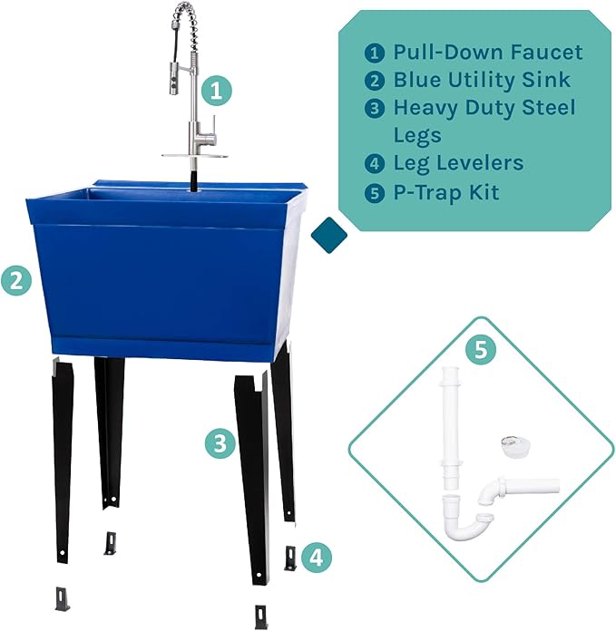 Utility Sink Extra-Deep Laundry Tub in Blue with High-Arc Stainless Steel Coil Pull-Down Sprayer Faucet, Integrated Supply Lines, P-Trap Kit, Heavy Duty Floor Mounted Freestanding Wash Station