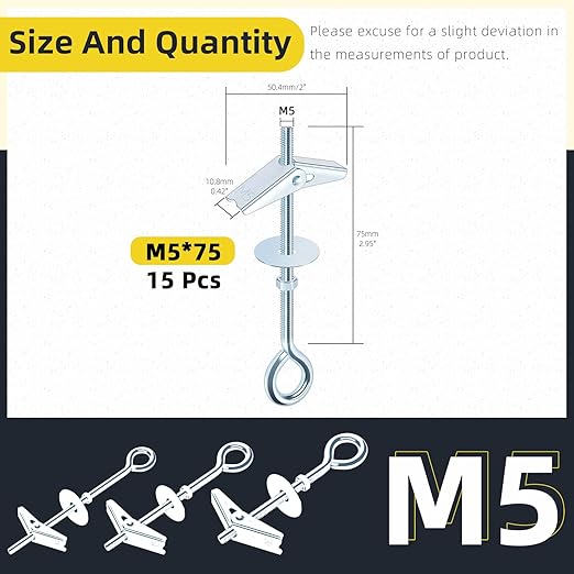 15Pcs M5 x 75mm Eye Bolt Toggle Bolt Assortment Kit, Spring Toggle Bolts Butterfly Anchors Butterfly Toggle Anchors, Heavy Duty Drywall Anchors with Wing Nut for Hanging Lamps Heavy Items