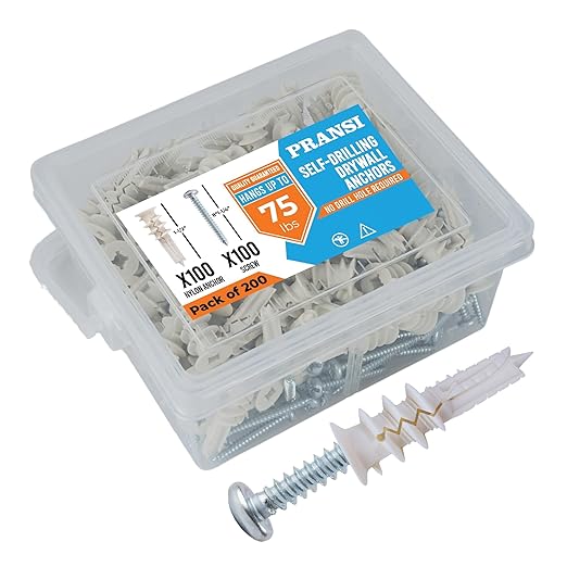 Drywall Anchors and Screws Kit – 200pcs #8 x 1-1/4” Self Drilling Anchors – No Pre-Drill Required – Heavy Duty Wall Anchors for Drywall – Holds Up to 75lbs