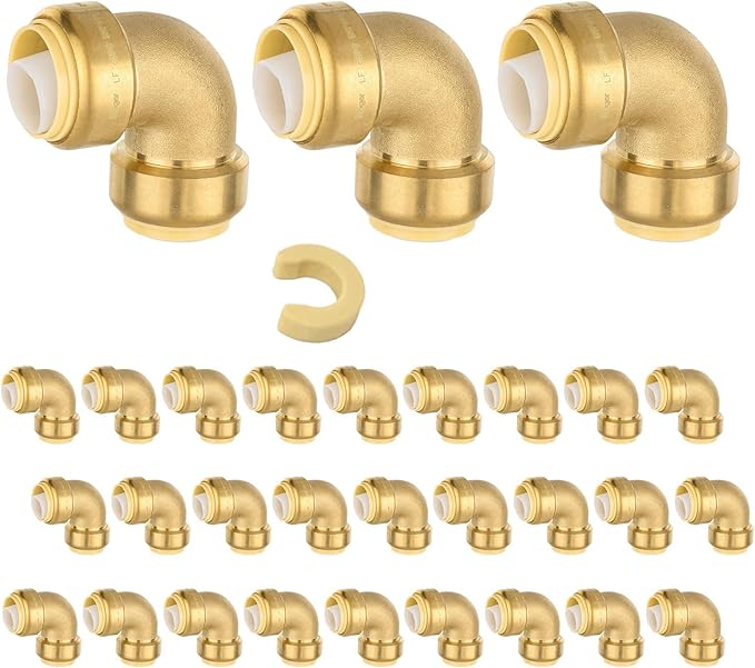 (Pack of 30) Niikappu 3/4 Inch x 3/4 Inch Elbow Brass Fitting, Push to Connect Brass Plumbing Fitting, PEX, Copper, CPVC, PE-RT Pipes