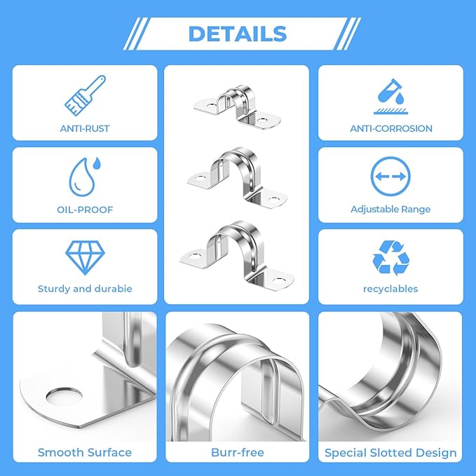 60Pcs 9/16 Inch (14mm) 304 Stainless Steel Conduit Clamps, U-Tube Strap Pipe Clamp 2 Hole Strap U Bracket Rigid Pipe Strap Clamps Metal Conduit Strap Tension Clips U-tube Clamp